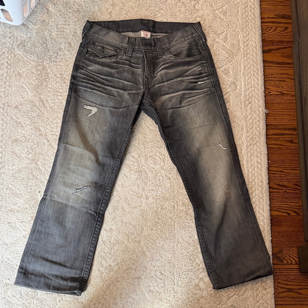 True Religion Men's Distressed Gray Jeans